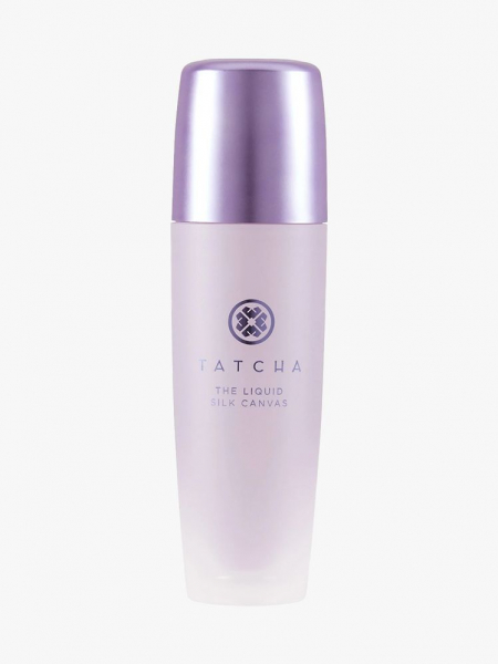 Tatcha The Liquid Silk Canvas Primer lavender bottle on light gray background