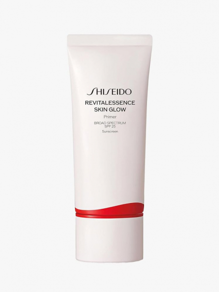 Shiseido RevitalEssence Skin Glow Primer in white tube on gray background